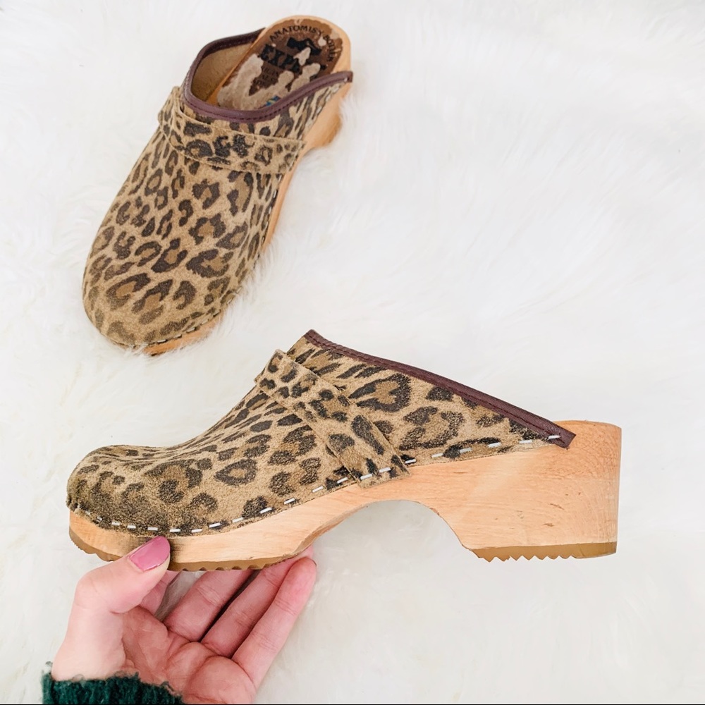 Bjork Kaia Suede Leopard Backless Wooden Clogs
